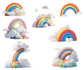 rainbow and clouds, Cute characters, 3D illustration