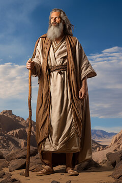 Biblical Moses standing in the Sinai desert wilderness, holding staff, in search of the promised Land