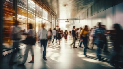 Obraz premium Blurred people walking in a modern hall background banner