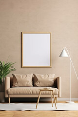 Frame mockup in contemporary minimalist beige room interior. Minimalist interior design