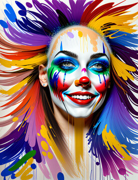 Female clown with happy and laughing expression, in photo painting, with cheerful colors