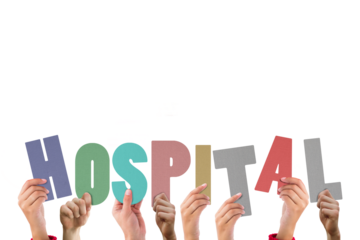 Digital png illustration of hands with hospital text on transparent background