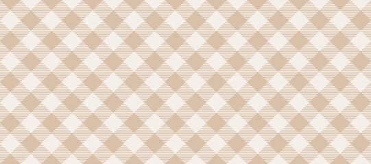 Diagonal gingham seamless pattern. Beige and white vichy background texture. Checkered tweed plaid repeating wallpaper. Natural nude fabric and textile swatch design. Vector backdrop  - obrazy, fototapety, plakaty