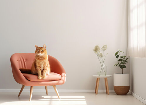 A seated cat poses gracefully on a chair, with a lovely potted plant in the background, accentuated by the nearby window.