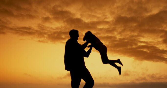 Father, lifting and kid with freedom or sunset in outdoor on vacation for travel with support. Child, man and playing with airplane or silhouette and love, bonding on holiday together on adventure.