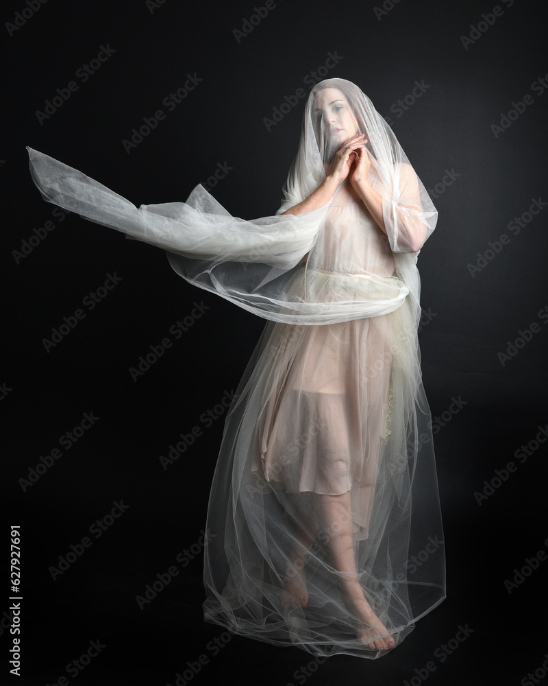 Sticker Full length portrait of beautiful woman wearing white gown dress with flowing ghostly veiled fabric, isolated on dark studio background.