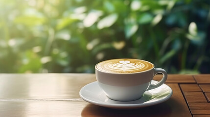Fototapeta na wymiar Beautiful latte art adorns a cup of coffee latte resting on the wood table.