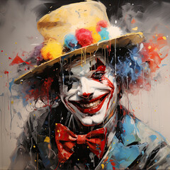 Male clown with happy and laughing expression, in photo painting, with cheerful colors