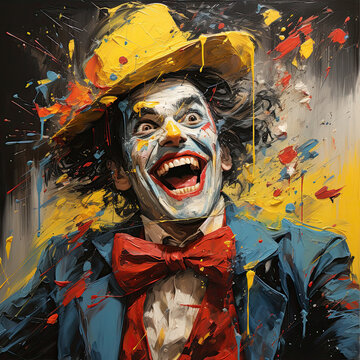 Male clown with happy and laughing expression, in photo painting, with cheerful colors