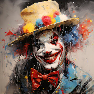 Male clown with happy and laughing expression, in photo painting, with cheerful colors