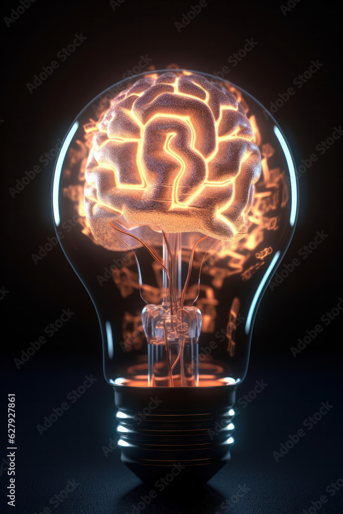 Poster the power of creativity is illuminated in a conceptual light bulb with a glowing brain inside, symbo