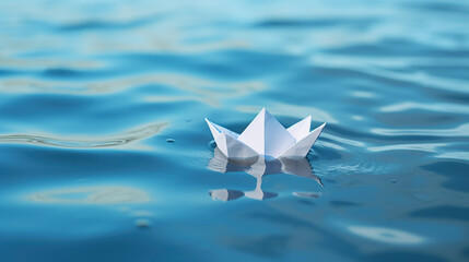 The close-up view of the white origami boat drifting on the tranquil water symbolizes the beauty and tranquility of nature, igniting a sense of wonder and delight.