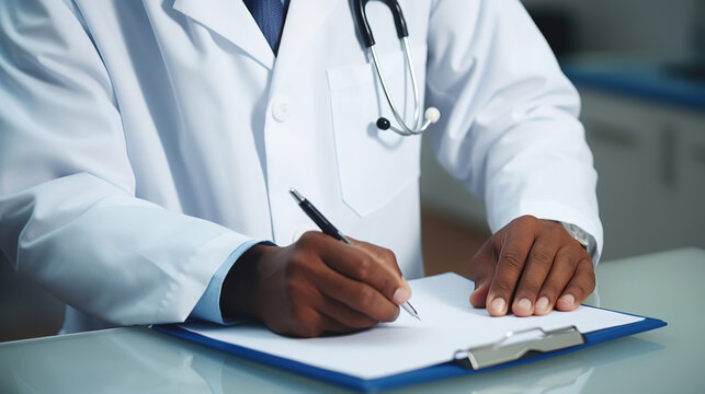 The male doctor carefully records important medical information on the clipboard.