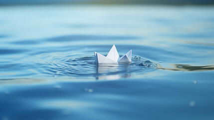 The close-up image of the small origami boat floating on the serene water embodies the concept of dreams and fantasies coming to life.