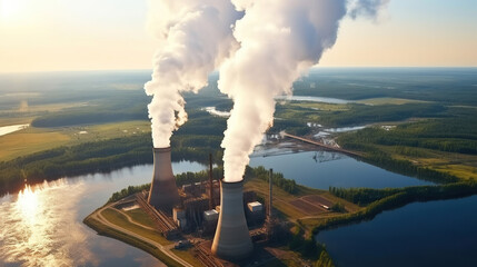 The coal power plant, viewed from above, showcases its high smokestacks emitting black smoke, impacting the atmosphere negatively.