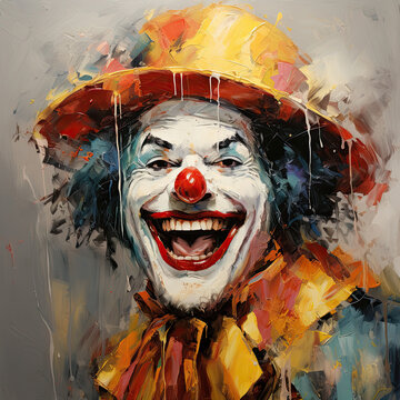 Male clown with happy and laughing expression, in photo painting, with cheerful colors