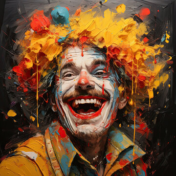 Male clown with happy and laughing expression, in photo painting, with cheerful colors