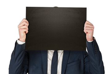 Digital png photo of caucasian businessman holding black copy space on transparent background