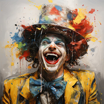 Male clown with happy and laughing expression, in photo painting, with cheerful colors
