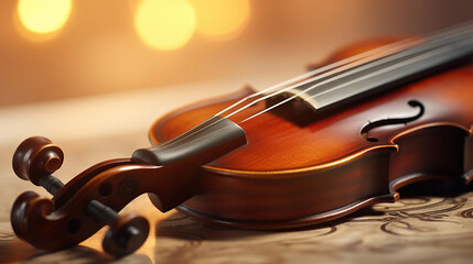 Fototapeta premium The shallow depth of field in the close-up brings attention to the violinist's skilled hands gliding across the fingerboard.