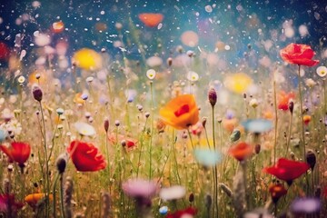 A panoramic background featuring a vibrant and abstract meadow of colorful flowers