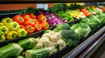 Super fresh vegetables on shelf in market store. Generative AI