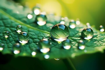 Closeup water drops on green leaf. morning dew on leaves - obrazy, fototapety, plakaty
