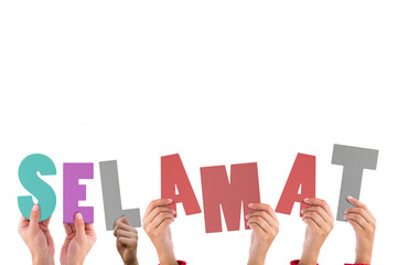 Digital png illustration of hands holding selamat text on transparent background