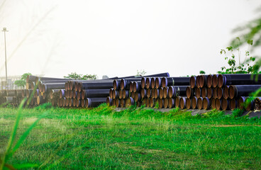 Natural steel gas pipe preparing for refinery tank installation