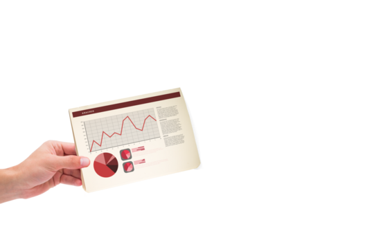 Digital png illustration of hand holding document with diagrams on transparent background - Powered by Adobe