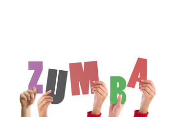 Digital png illustration of hands holding zumba text on transparent background