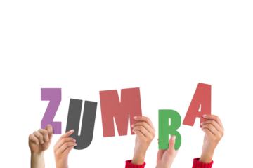 Digital png illustration of hands holding zumba text on transparent background