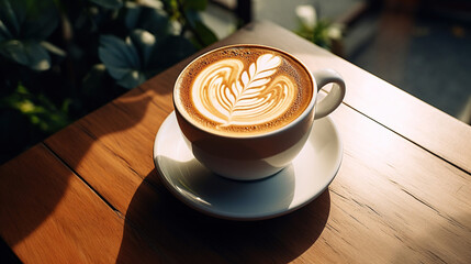 Enjoy a cup of coffee latte with exquisite latte art placed on the wooden table.