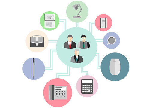 Digital png illustration of business icons and network of connections on transparent background