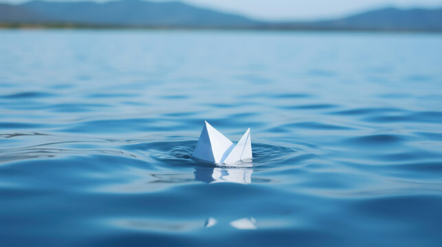 With the clear blue water as the backdrop, the close-up captures the beauty of nature and the sense of freedom evoked by the delicate paper boat.