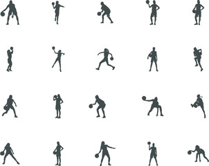 Fototapeta na wymiar Woman basketball silhouette, Basketball player silhouette, Basketball player SVG, Female Player silhouettes, Player icon set. 