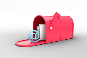 Digital png illustration of red mailbox with letters and at symbol on transparent background