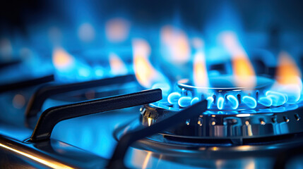 The intense blue fire dances on the gas cooker, creating a captivating spectacle in the kitchen.
