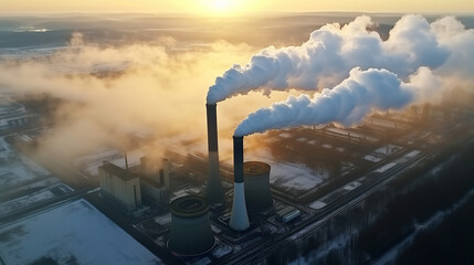 From an aerial perspective, the coal power plant's towering pipes release black smoke into the atmosphere, contributing to pollution.