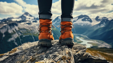 The girl in hiking boots is having a blast, joyfully embracing the breathtaking mountain view.