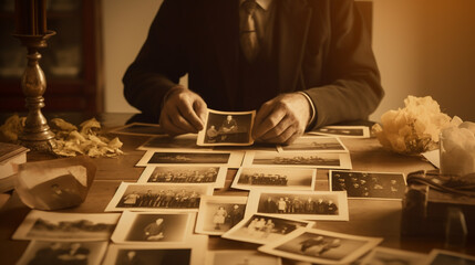 The pull of past times - A nostalgic man reminiscing while looking at old photographs, encapsulating the profound emotion of longing