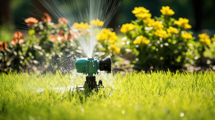 The sprinkler's consistent watering ensures that the flower bed and green vegetation receive adequate moisture, enabling them to thrive in the summer garden.
