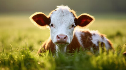 The close-up captures the innocence and charm of the white and brown calf as it curiously looks into the camera.
