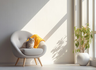 A cat rests comfortably on a chair, as a delightful potted plant graces the background, positioned beside the window.