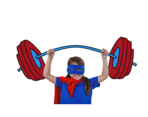 Digital png illustration of superhero girl holding bellbar on transparent background