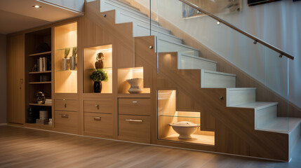 The glossy wooden stairs add a touch of sophistication to the interior design, complementing the overall modern aesthetic.