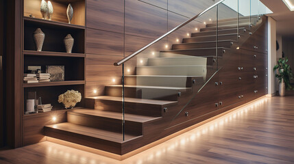 Obraz premium The multi-storey house boasts a well-designed hallway with elegant stairs, and the pullout cabinets offer ample storage solutions without compromising on style.