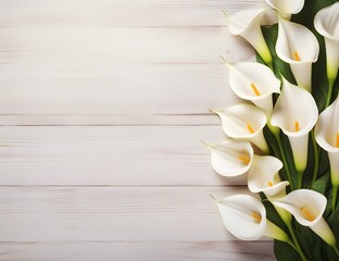 A Calla Lily Floral Border with Copy Space on a Wood Surface