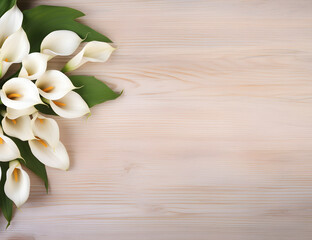 Fototapeta na wymiar A Calla Lily Floral Border with Copy Space on a Wood Surface