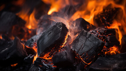 Close-up of burning lumpy briquette coal as an abstract background. The texture of the fiery coals of a campfire smoldering fire. Generative AI